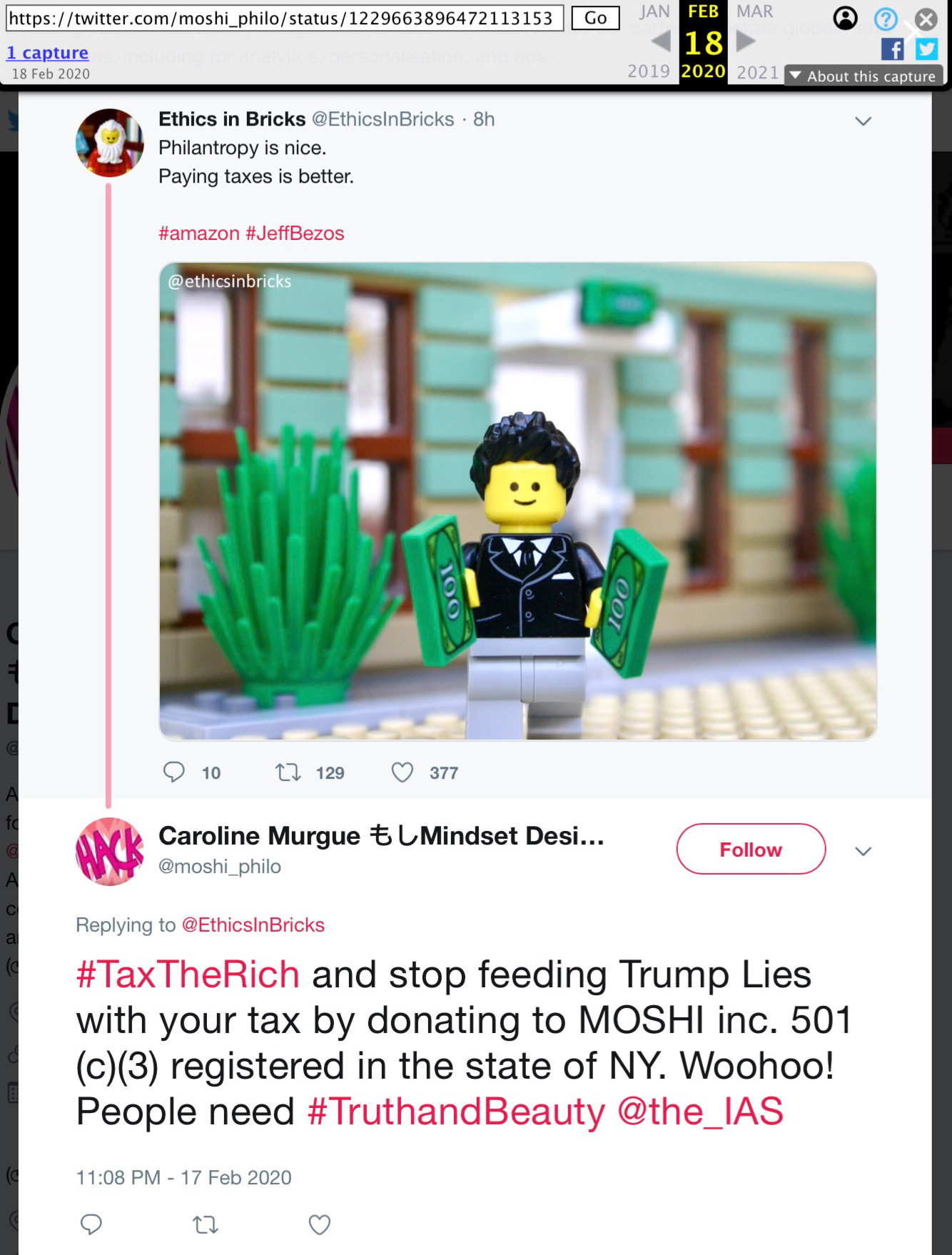 17 Feb 2020 tweet from @moshi_philo: #TaxTheRich and stop feeding Trump Lies with your tax by donating to Moshi&nbsp;Inc. 501 (c)(3) registered in the state of NY> Woohoo! People need #TruthandBeauty @the_IAS